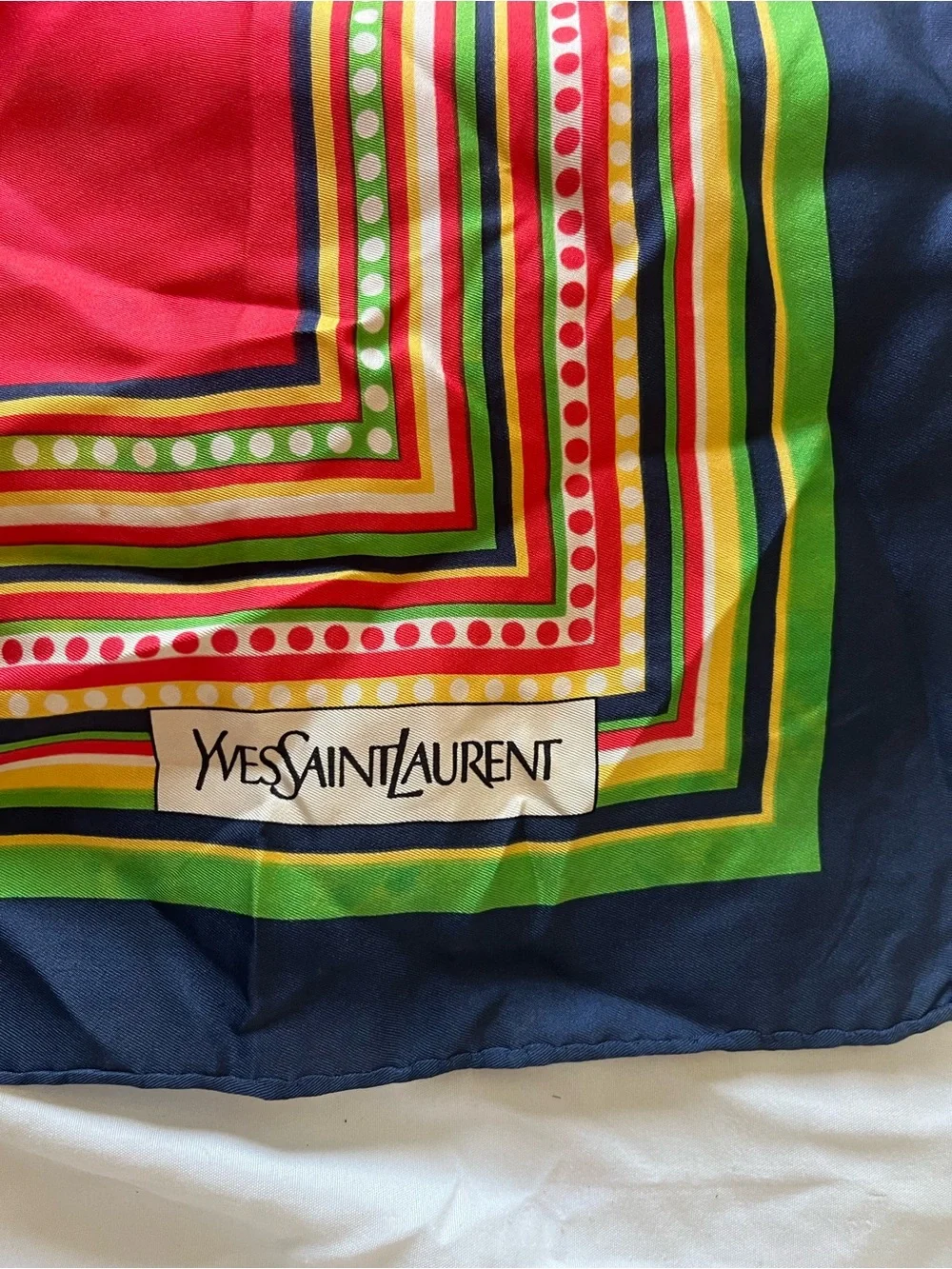 Yves Saint Laurent Red, Navy & Green Silk Square Scarf